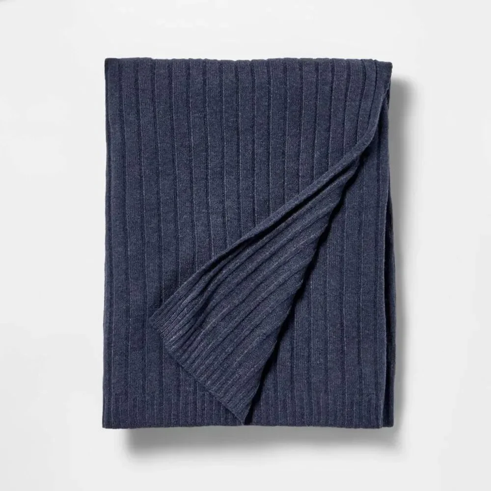 Plush Ribbed Knit Throw Blanket - Navy